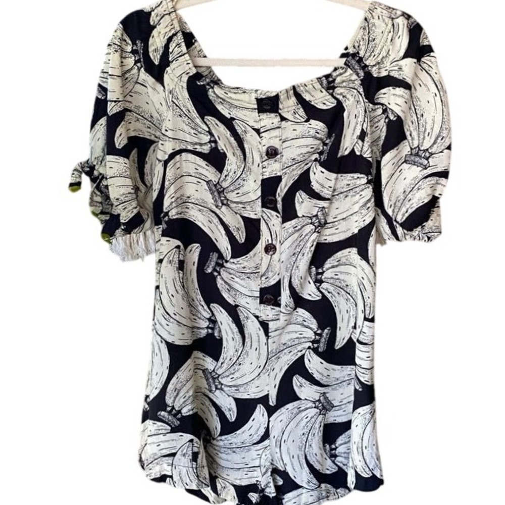 Farm Rio Banana Print Romper Women's Short Sleeve Tropical Casual Small‎ Rare - Picture 2 of 7